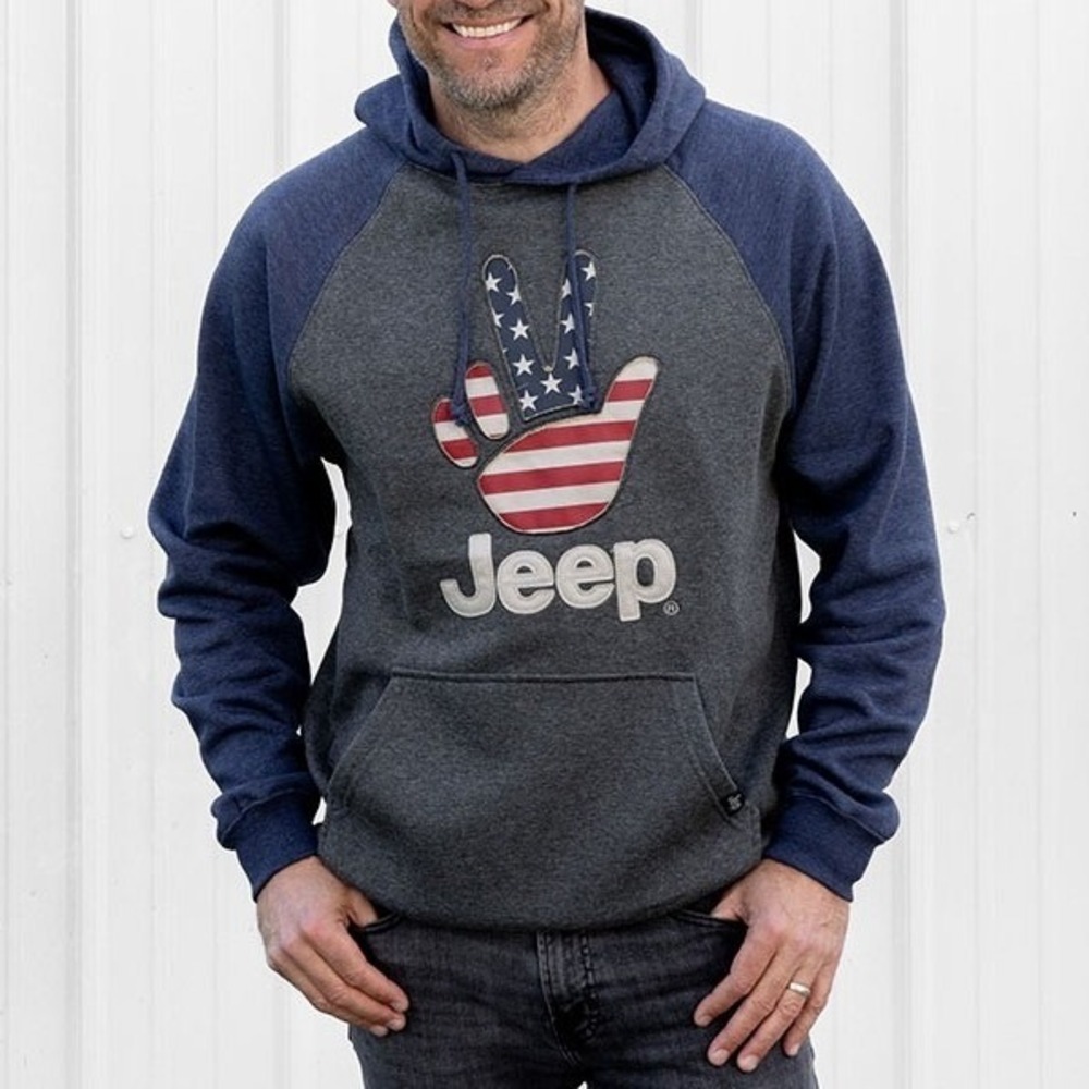 Jeep American Wave JEDCO Mens Gray Blue Raglan‎ Hoodie Peace Sign Flag Medium